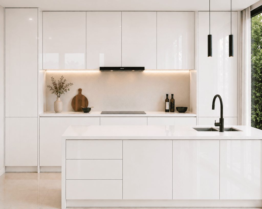Beyaz akrilik panel kapaklı modern mutfak